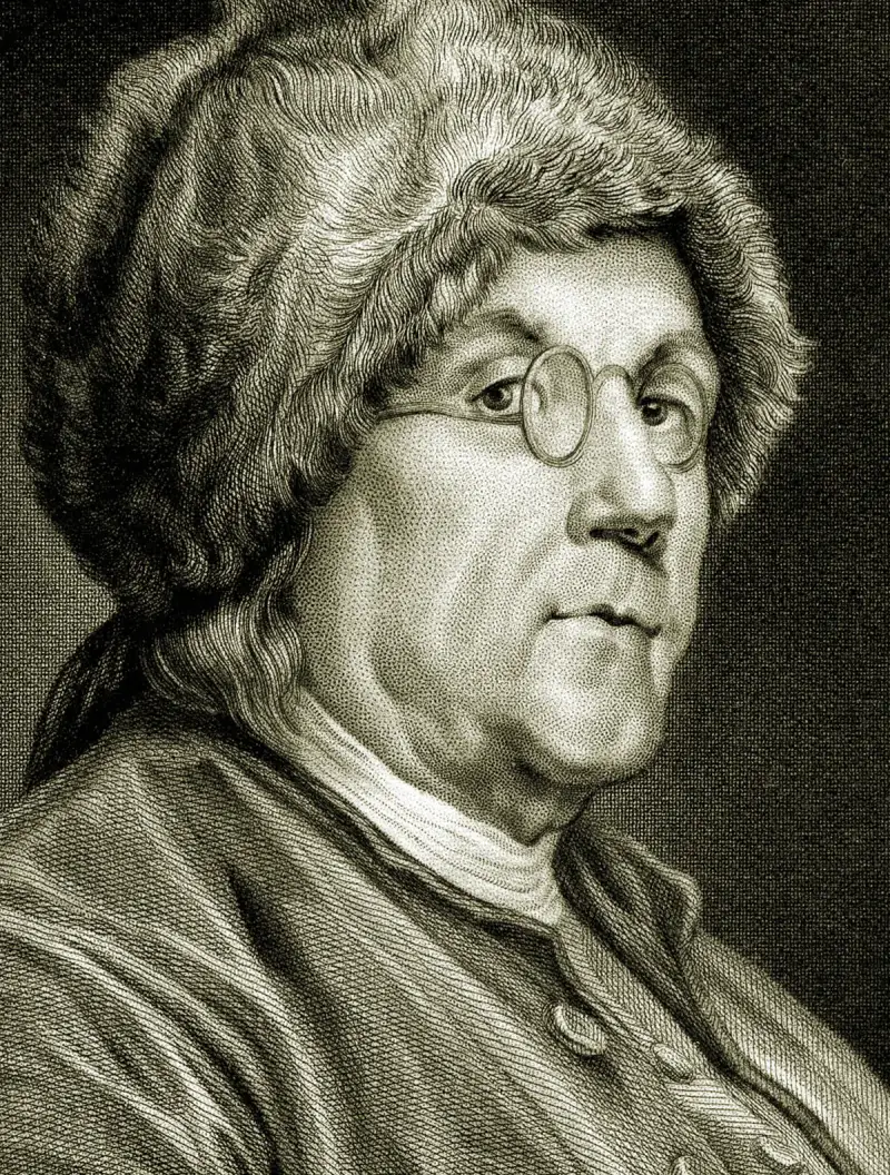 Benjamin Franklin in his famous fur cap